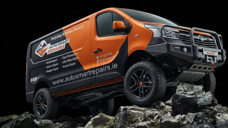 Auto Smart Repairs mobile unit: an orange and black van with the bodyshop and mobile service livery